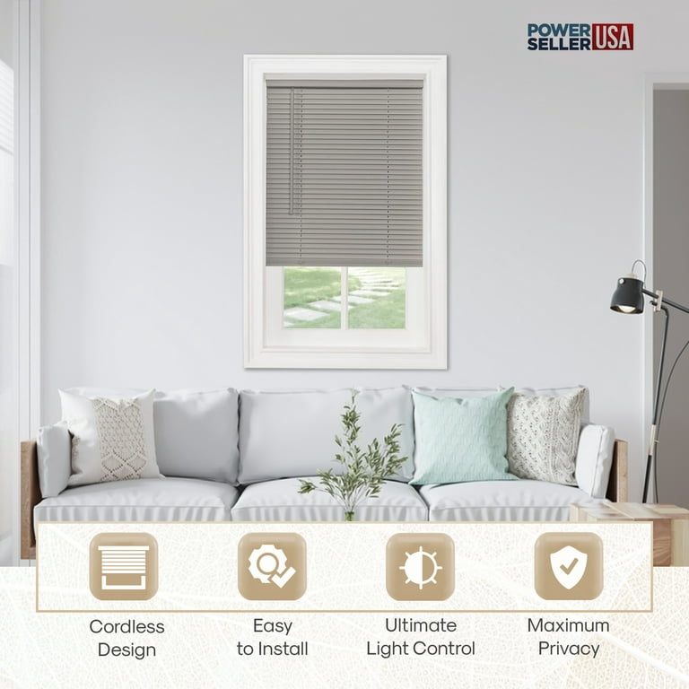 PowerSellerUSA 1 Slats Cordless Window Blinds, 64L x 48W Inches Solid  Pattern Light Filtering Vinyl Indoor-Outside Ceiling Mount Mini Blind,  Manual Cordless Rollup Window Privacy Blinds, Gray 
