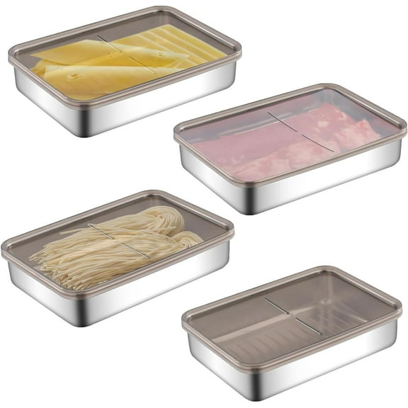 ‎TACYKIBD 4 Piece Stainless Steel Slice Boxes For Refrigerator Sausage Storage Storage Boxes With Lid Airtight Slice Box For Storage Cheese Meat Sausage Fruit