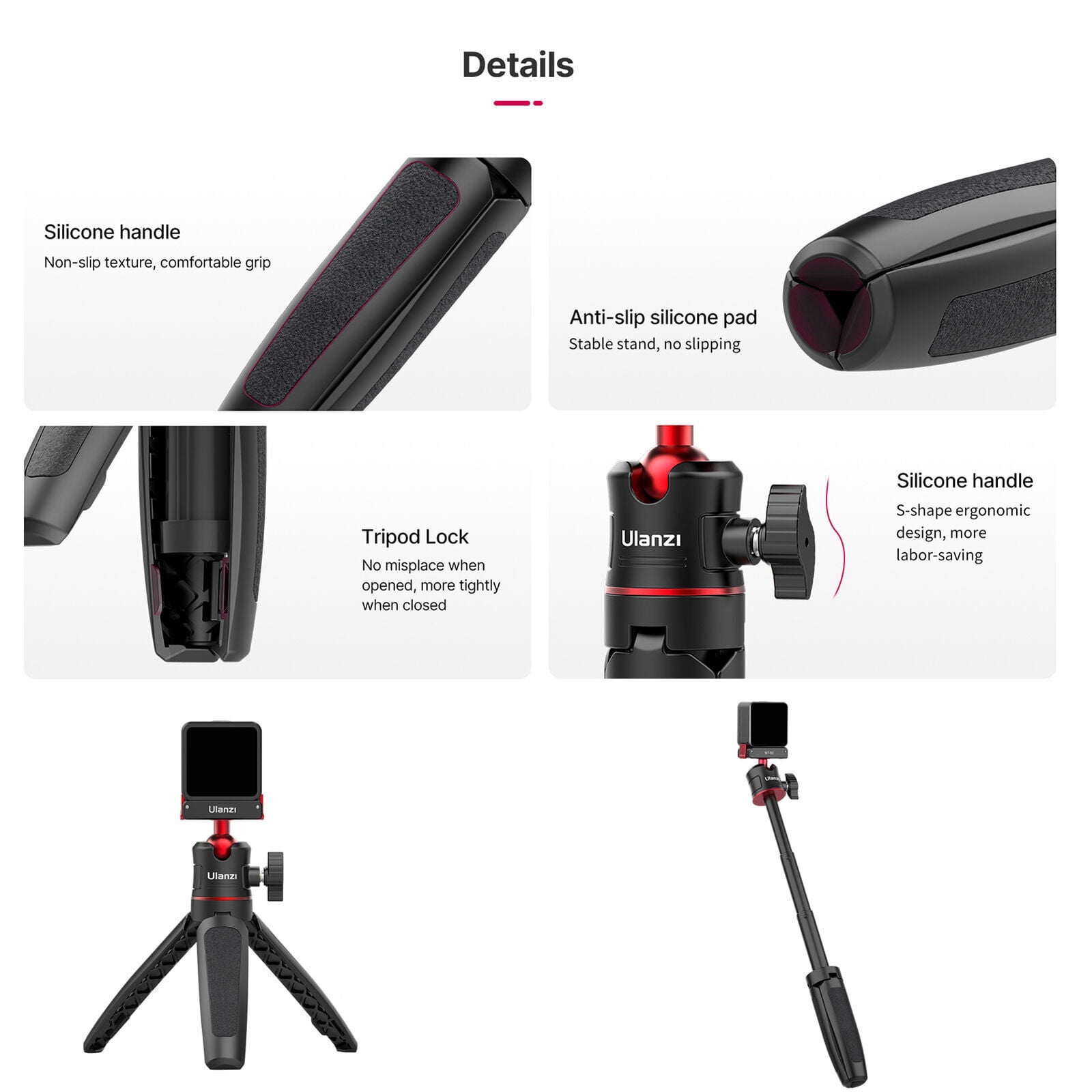 Ulanzi MT-50 Magnetic Selfie Stick Tripod Stand Portable For DJI Osmo Action 4/3/2, Extendable Height 360° Rotatable Ballhead 3-section