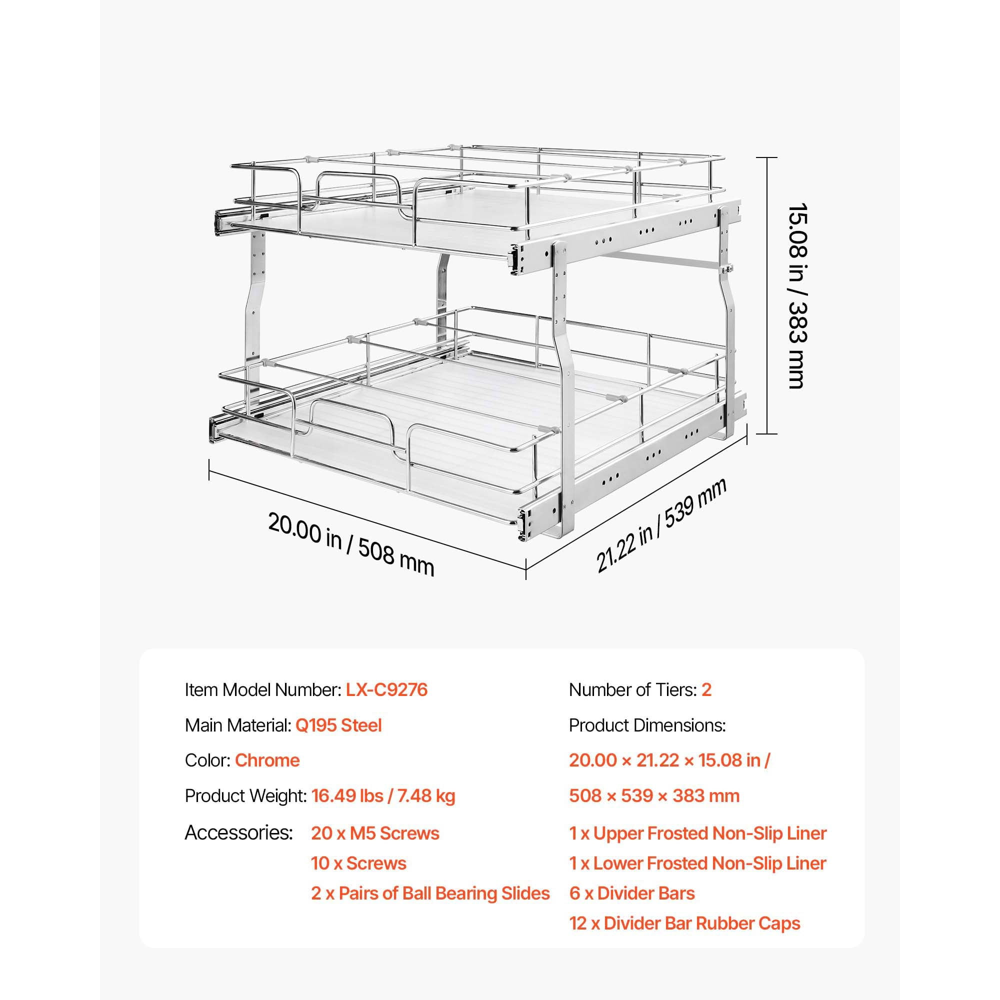 KFFKFF 2-Tier Pull-Out Cabinet Organizer, 20"W x 21.22"D Sliding Drawers for Kitchen, Bathroom, or Pantry Storage, Chrome-Plated Finish, Durable Steel Shelving for Base Cabinets