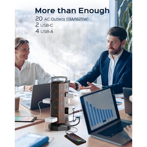 Power Strip Tower Surge Protector 1050J, 20 AC Outlets 6 USB Ports, 13A Desktop Electrical Charging Station, 6.5ft Heavy Duty Extension Cord, for Home, Office, Garage, Black Walnut