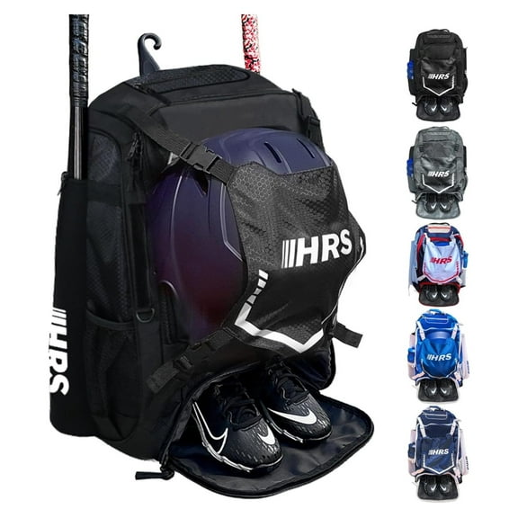 Baseball Bag, Softball Bat Bag for Youth & Adult. Holds 4 Bats, Glove, Water Bottle, Shoe Compartment, Helmet, Fence Hook for Equipment & Gear Black