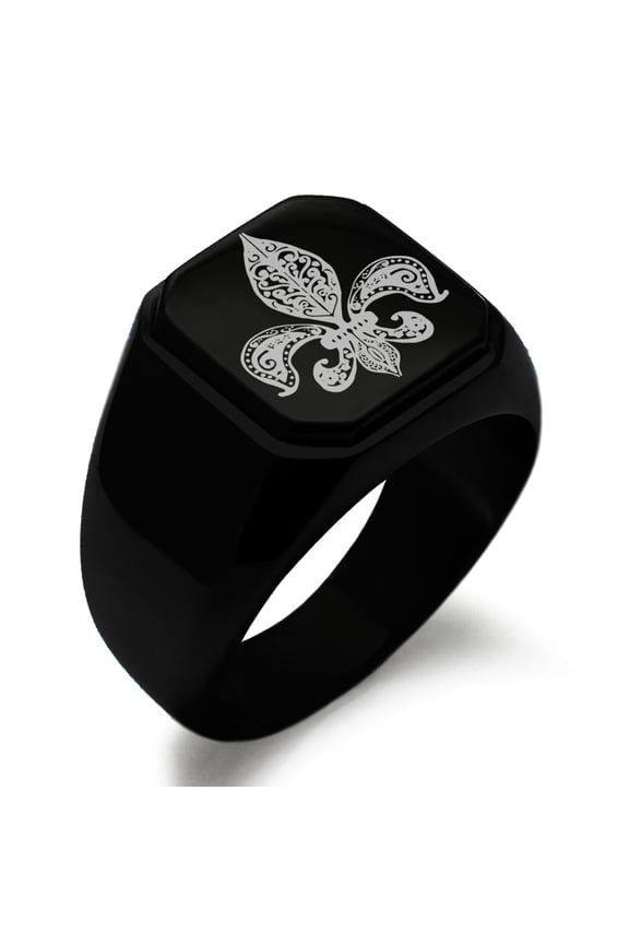 Stainless Steel Paisley Fleur De Lis Engraved Square Flat Top Biker Style Polished Signet Ring