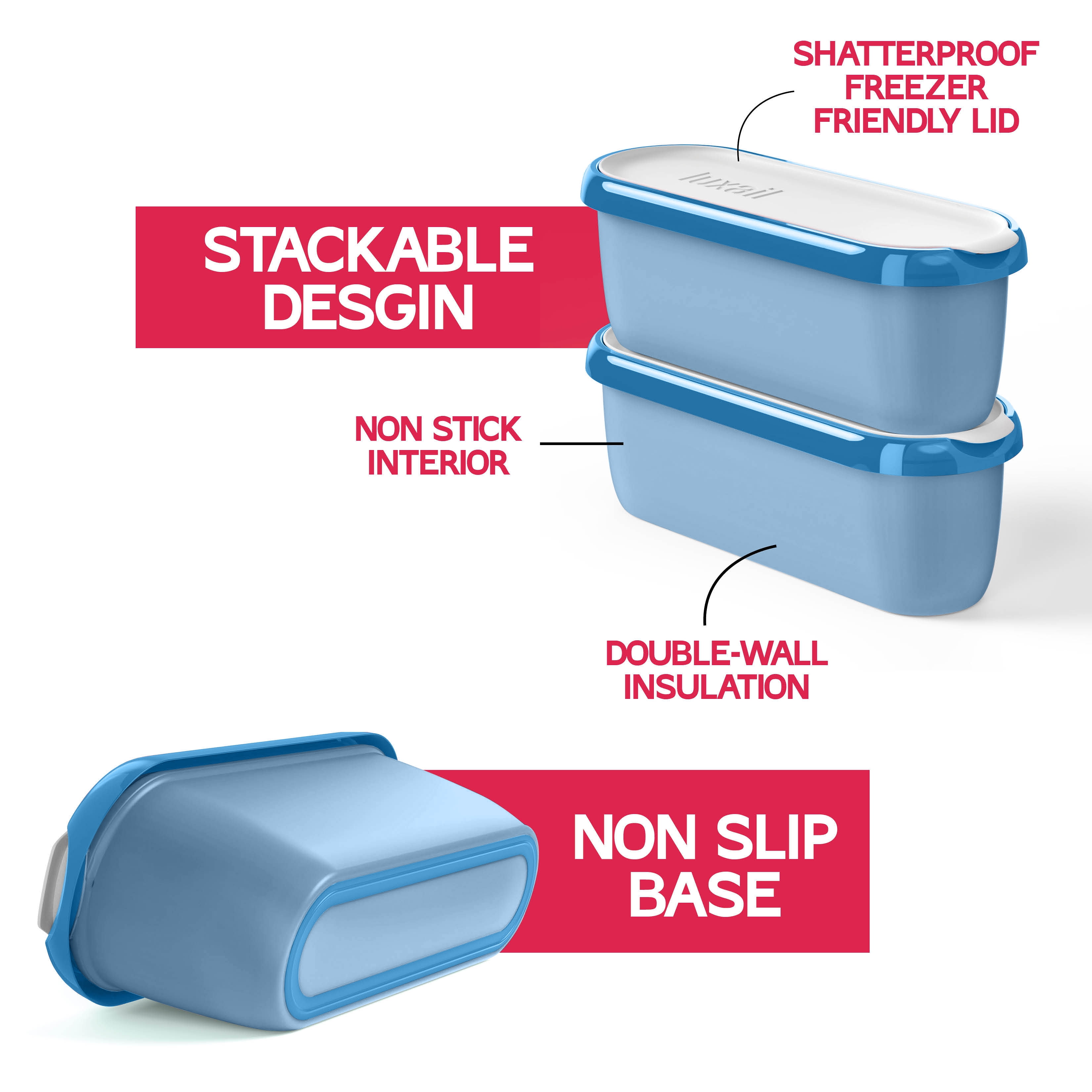 Luxail Ice Cream Container with Lids, BPA Free Plastic, Double Insulated, 1.5 Quart, Turquoise and Blue