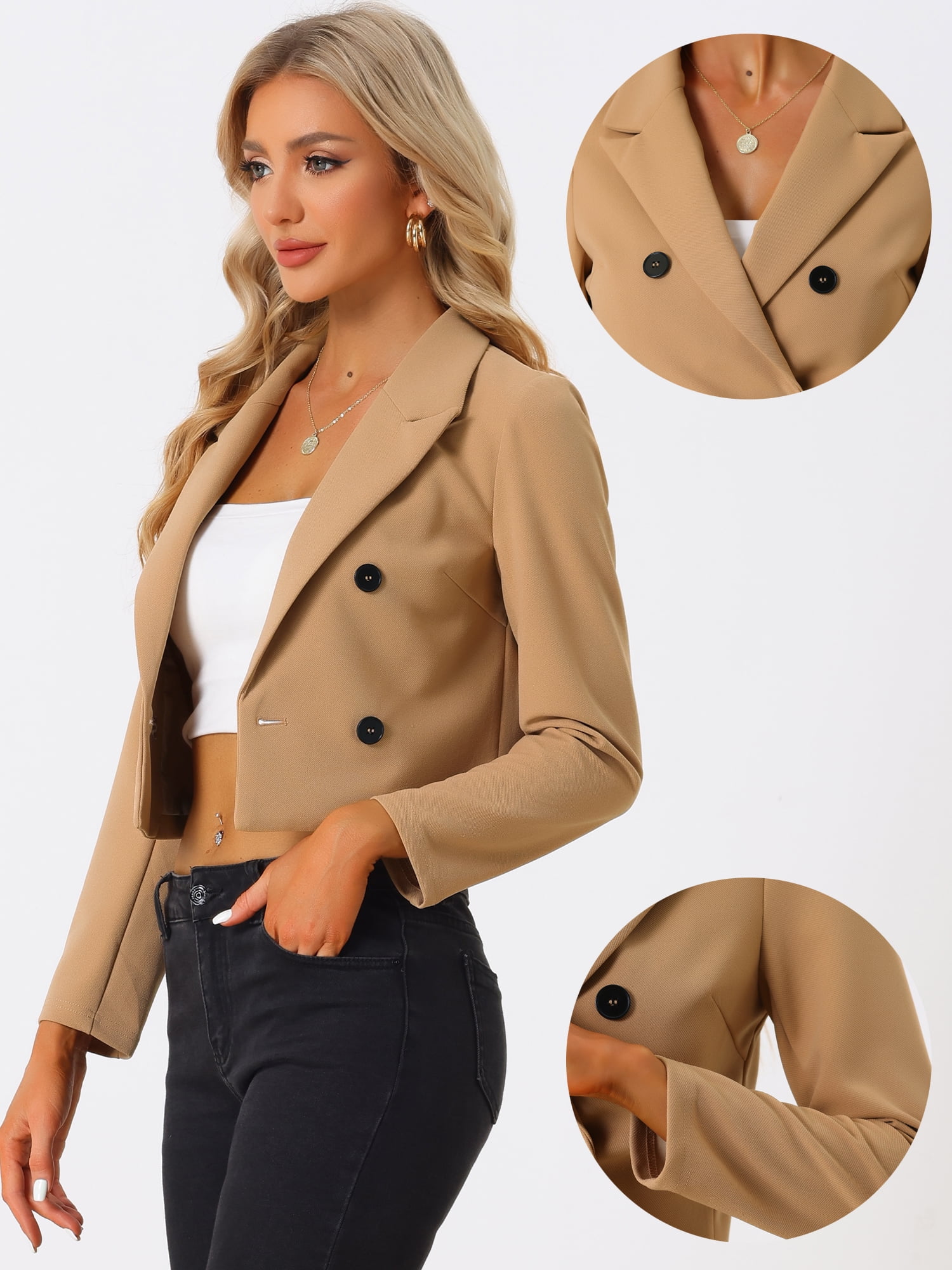 DARING DIVA Women's Notched Lapel Collar Office Cropped Blazer Jacket L Khaki