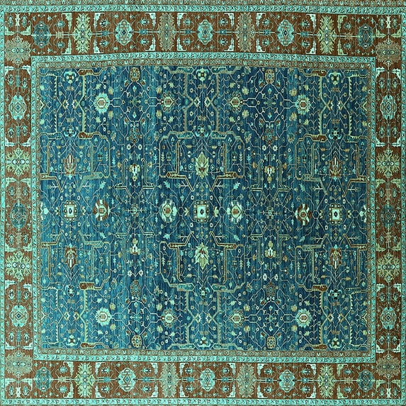 Ahgly Company Machine Washable Indoor Square Oriental Turquoise Blue Industrial Area Rugs, 6' Square