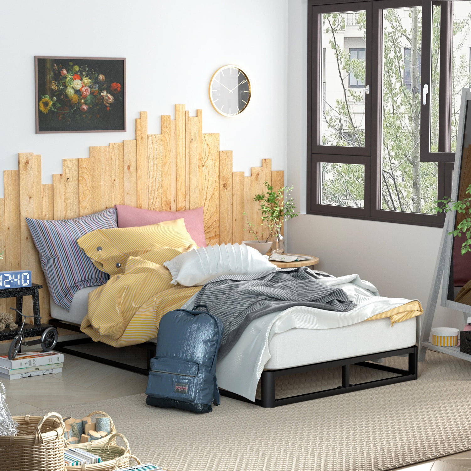 VENI 6" Mattress Support Bed Frame Metal Platform Bed with Wood Slat No Box Spring Needed, Twin