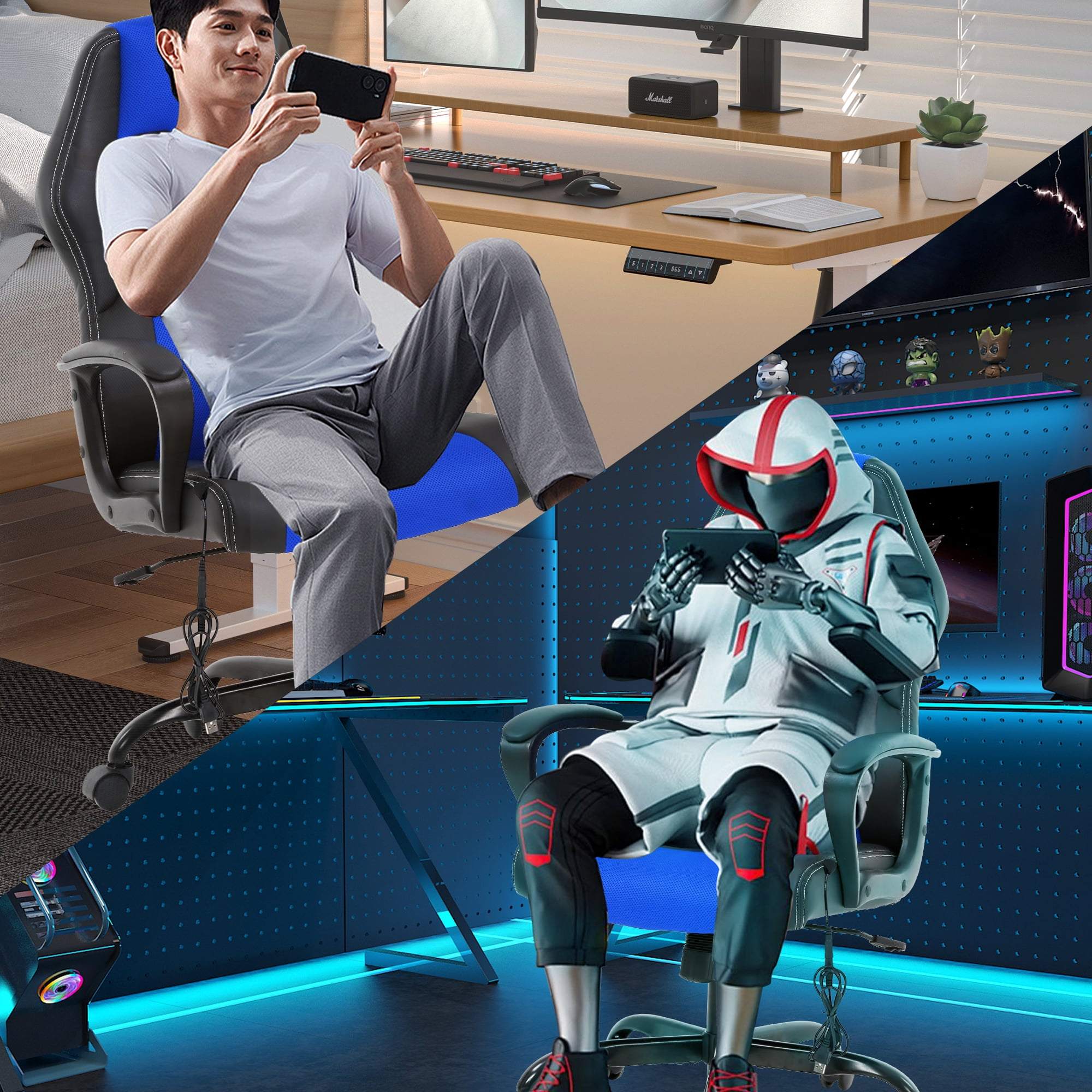 YRLLENSDAN Massage Gaming Chair Video Game for Adults, PU Leather Computer Chair with Arms & Massaging Back Ergonomic High-Back Video Game Chair for Men Women, Blue