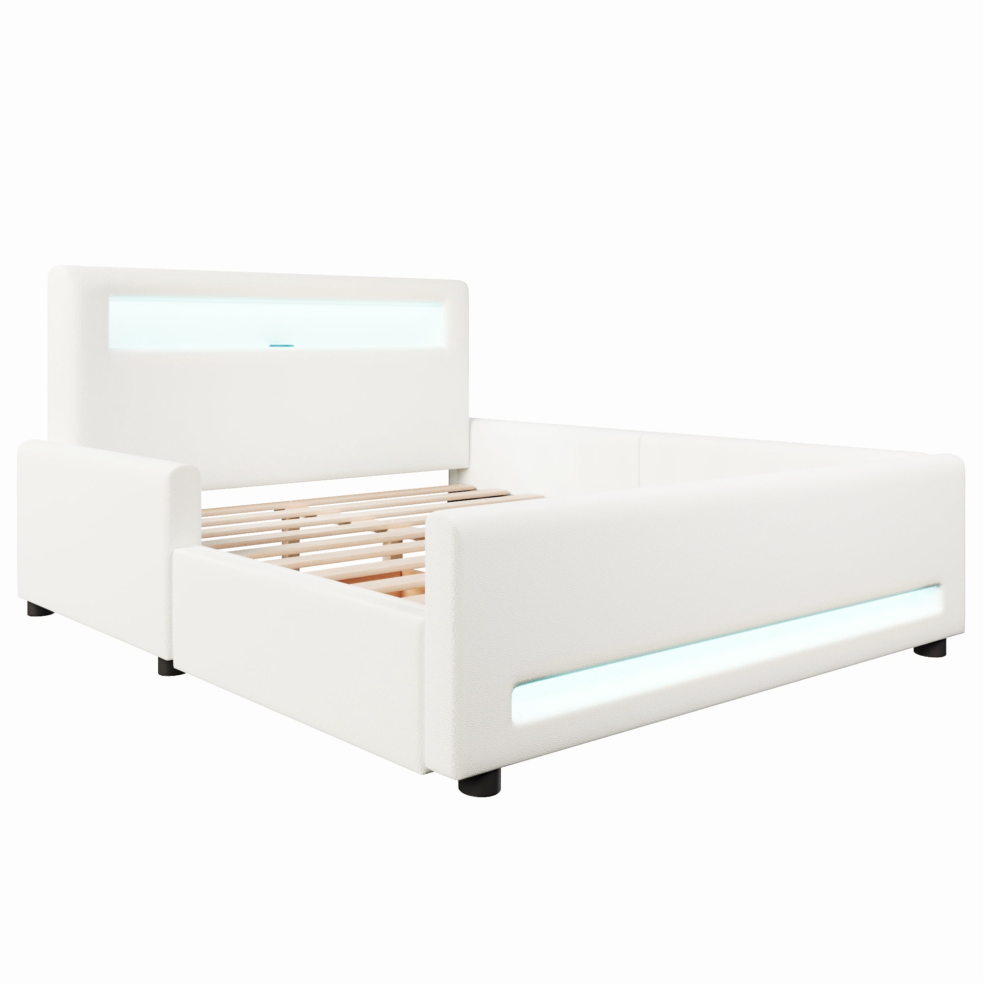 Euroco Upholstered Full Size Platform Bed with LED Light and USB Ports, 2 Drawers, White