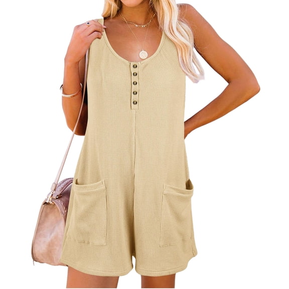 Summer Sleeveless Women Henley Shorts Jumpsuit Waffle Romper with Pocket