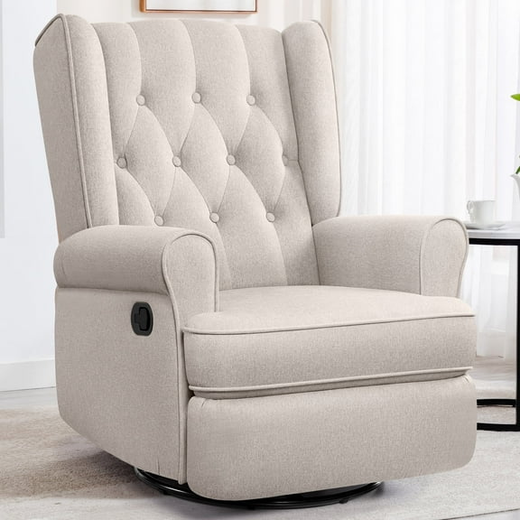 COOLHUT Swivel Rocker Recliner Chair for Adults, Glider Recliner Chairs with Comfy Linen Fabric, Wing Back Accent Chair with Lumbar Support & Overstuffed Arms for Living Room & Home Teatre, Beige