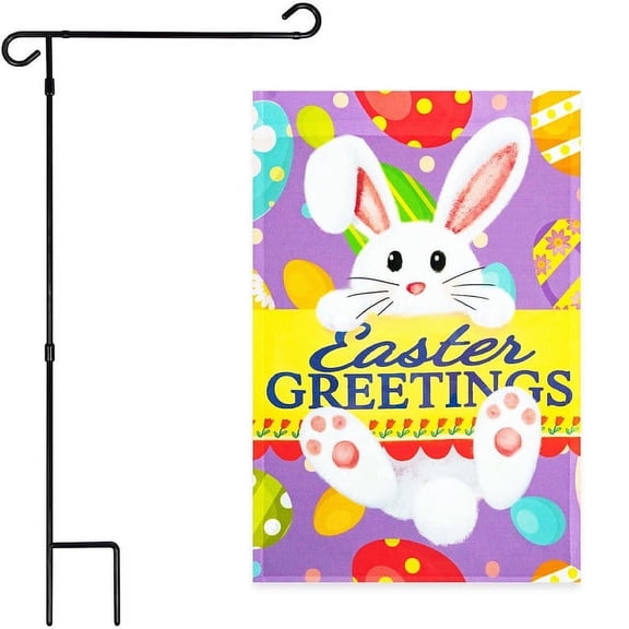 G128 2sets: Garden Flag Stand Black 36"x16" and 12"x18" Garden Flag Easter Greetings with White Bunny Eggs