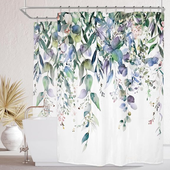 Watercolor Eucalyptus Leaves Shower Curtain Green and Purple Botanical Fabric Bathroom Curtain with Hooks 71x71 inches