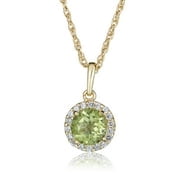 AVORA 10K Yellow Gold August Birthstone- Genuine Peridot with Simulated Diamond CZ Halo Pendant Necklace with 18" Chain