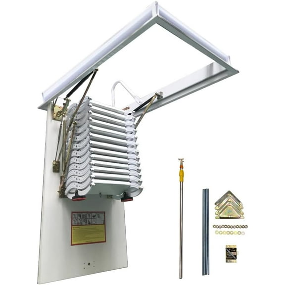 EQCOTWEA White Attic Pull Down Ceiling Ladder Stairs Retractable Folding Extension Loft Stairs Ti-Mg Alloy White Max 10.5ft Height