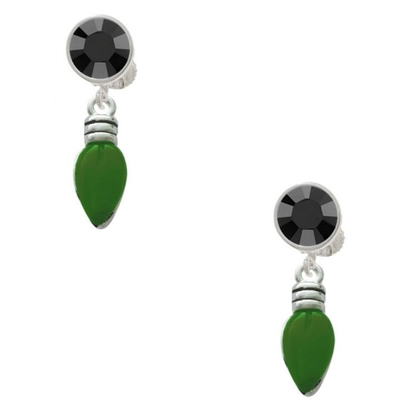 Delight Jewelry Silvertone Christmas Lights - Green Resin Black Crystal Clip on Earrings