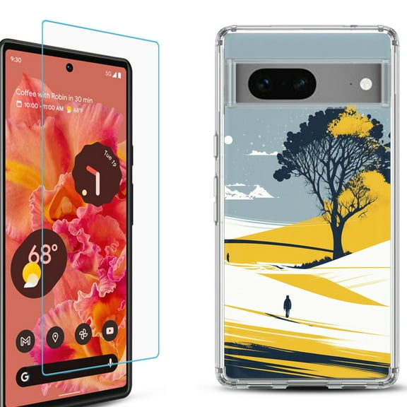 OneToughShield ® for Google Pixel 7a Shockproof Bumper Phone Case, with Tempered Glass Screen Protector - Tree on Hill