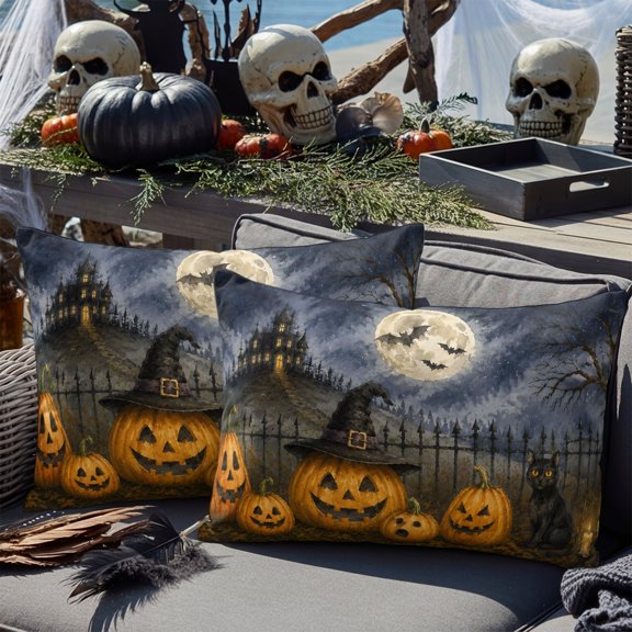 Halloween Pumpkin Ghost Moon Waterproof Throw Pillow Covers Set of 2 Haunted Castle Black Cat Outdoor Cushion Cover Pillow Protector Decorative Pillowcases for Bed Sofa Couch,20x12in