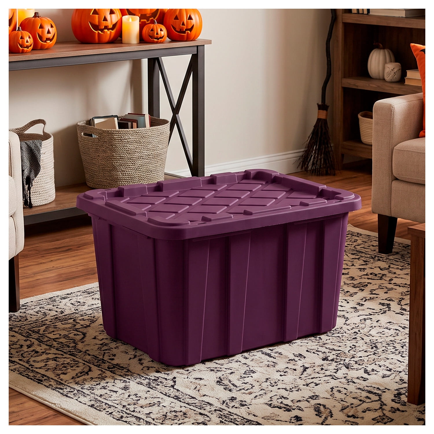 Sterilite Large Industrial Tote, 27 Gallon Durable Plastic Storage Bin with Snap-On Lid, Ideal for Fall and Halloween Costumes, Décor, and More, Plum