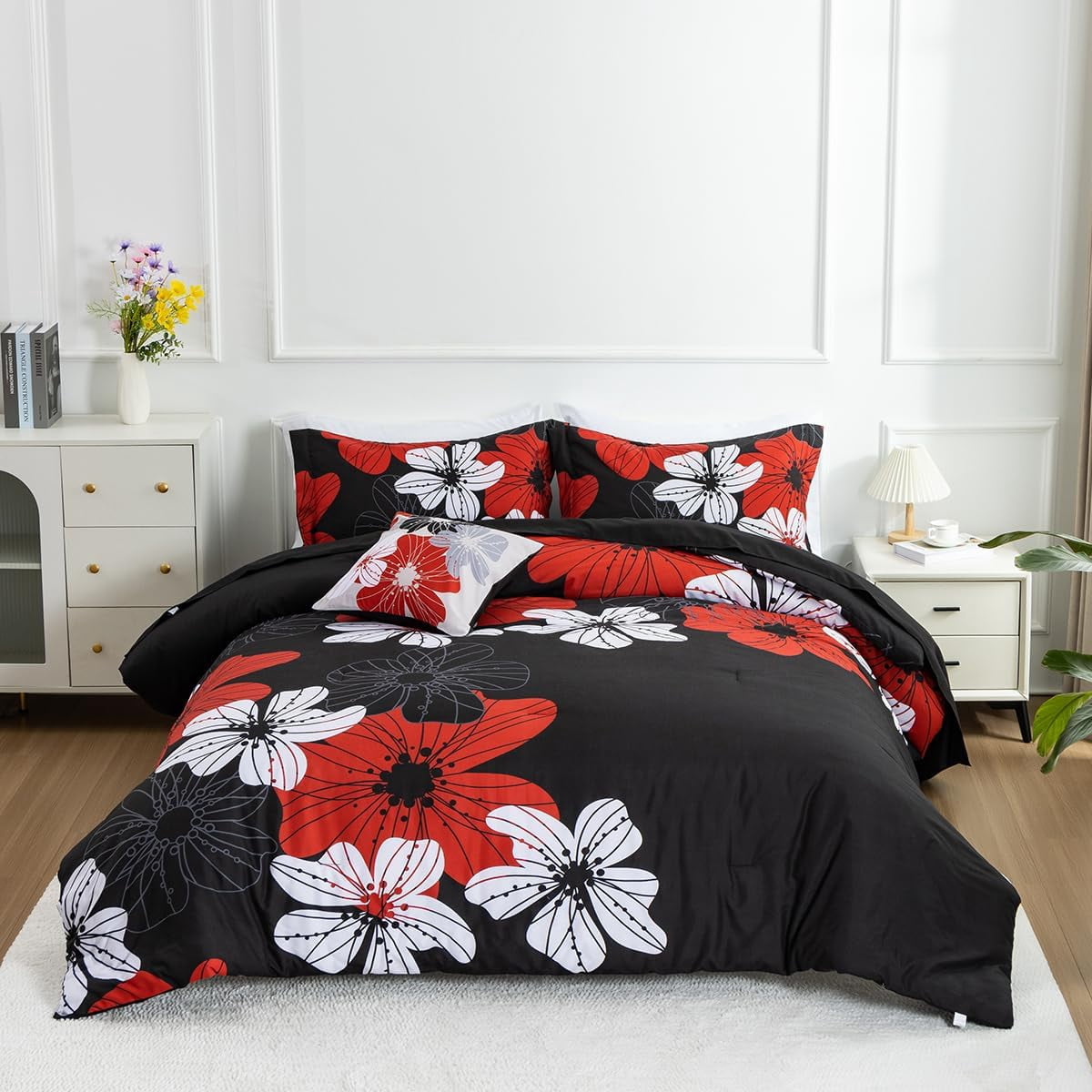 NTBED Floral Comforter Set King 6 PCS Bed in a Bag Red Flowers Printed on Black Botanical Bedding Sets Boho