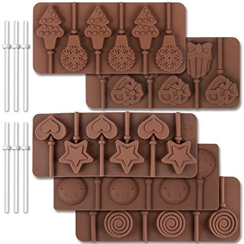 Claret 6 Cavity Silicone Lollipop Mold, Candy Mold, Christmas Candy Mold, Typical Round, Stars & Hearts, Bowknots, Christmas, Smile Faces Shape, 5 PCS, and 130 PCS Lollipop Sticks.