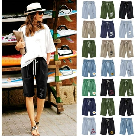 QATAINLAV Womens Cotton Linen Bermuda Shorts Summer Elastic Waist Knee Length Drawstring Beach Shorts Fashion Print Casual Short Pants with Pockets Army Green M Purses for Women Clearance