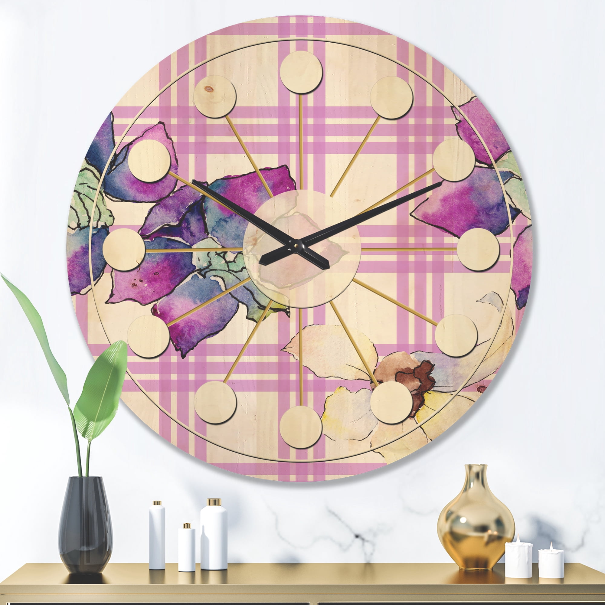 Designart 'Botanical Floral Retro VII' Mid-Century Modern Wood Wall Clock