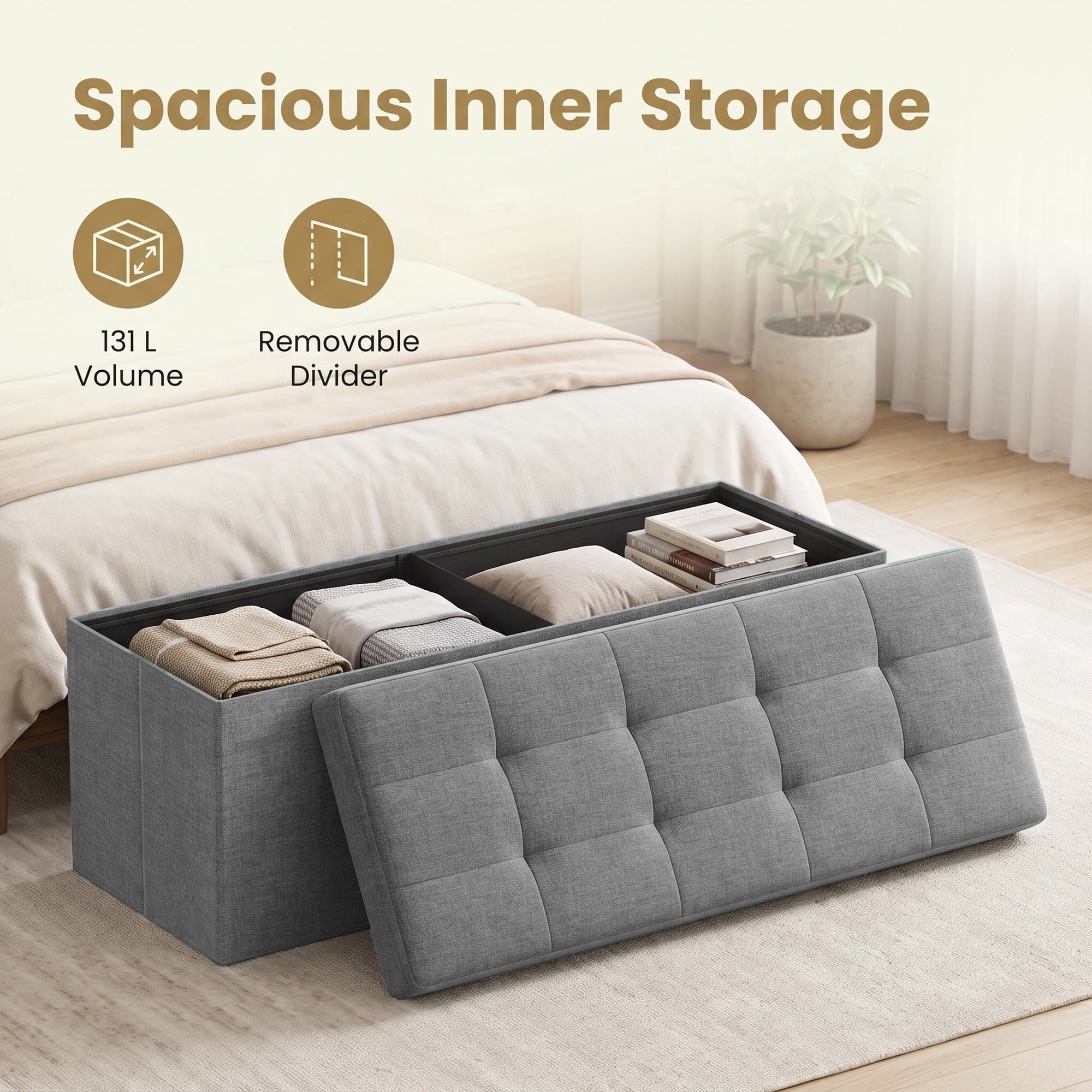 Ledrem Foldable Storage Ottoman Bench, 660lb Capacity, Light Gray