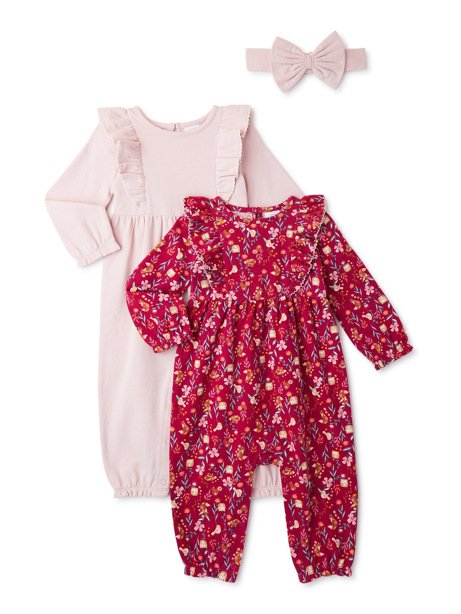 Wonder Nation Baby Girl Rompers with Long Sleeves and Headband, 2Pack