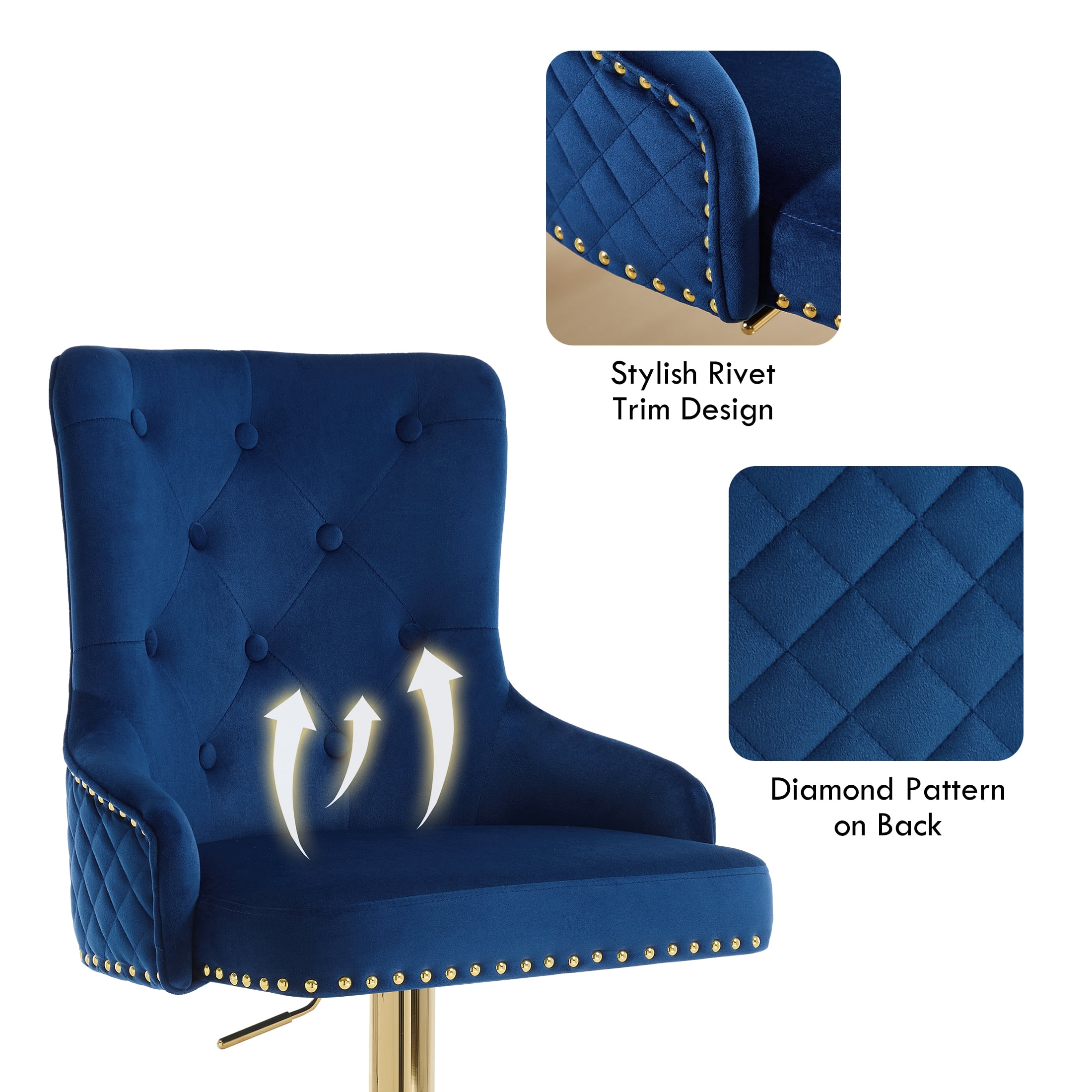 Velvet Gold Bar Stools Set of 4 Modern Counter Height Bar Stools with Lion Pull Ring Tufted Back, Nailhead Upholstered Barstools for Home Kitchen Island, Swivel Adjustable Stool Chair in Dark Blue