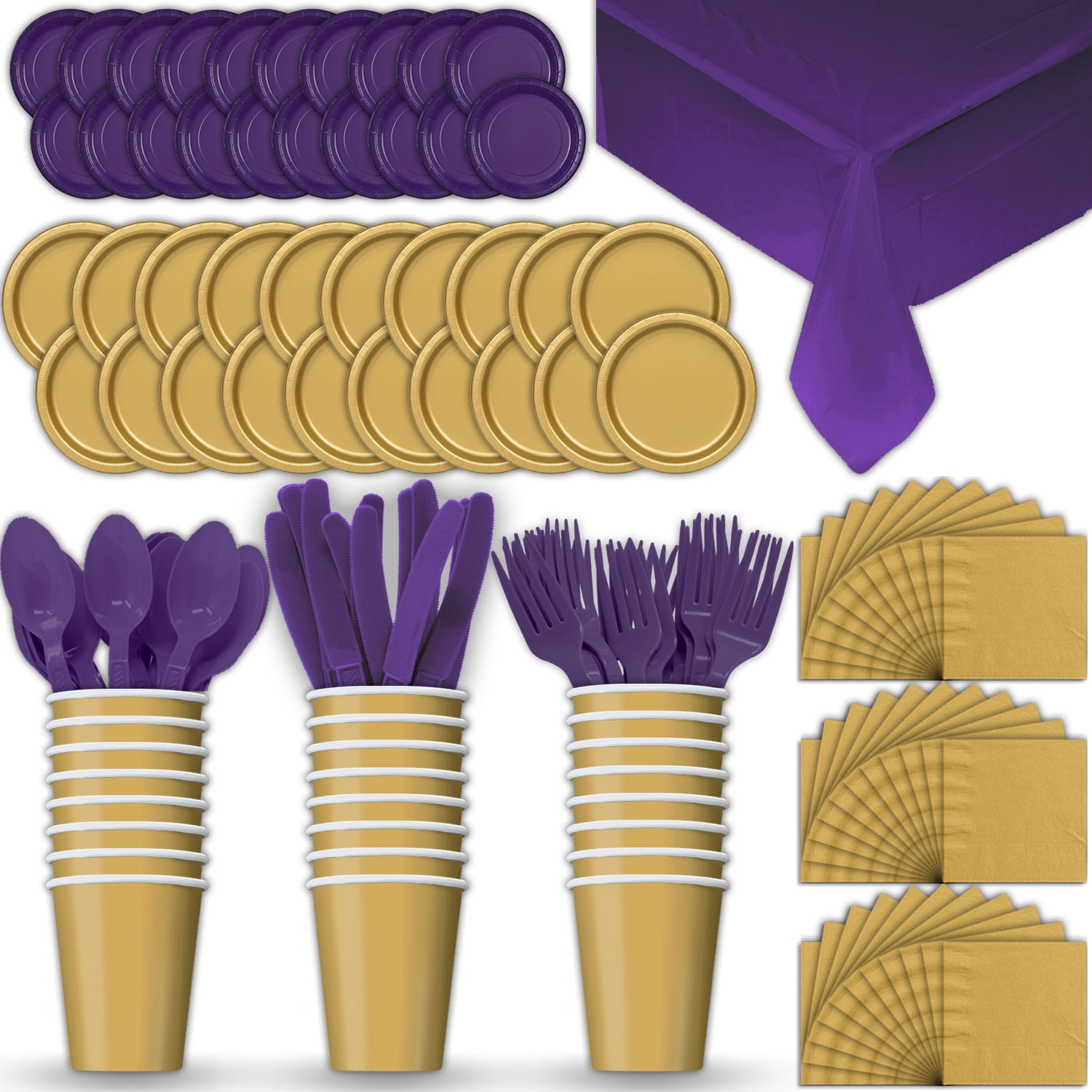 Paper Tableware Set for 24 Gold & Purple Dinner and Dessert Plates