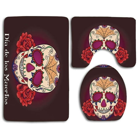 De Los Plum - PUDMAD Day Dead Dia de Los Muertos Quote Spanish Skull Dead Vivid Plum 3 Piece Bathroom Rugs Set Bath Rug Contour Mat and Toilet Lid Cover