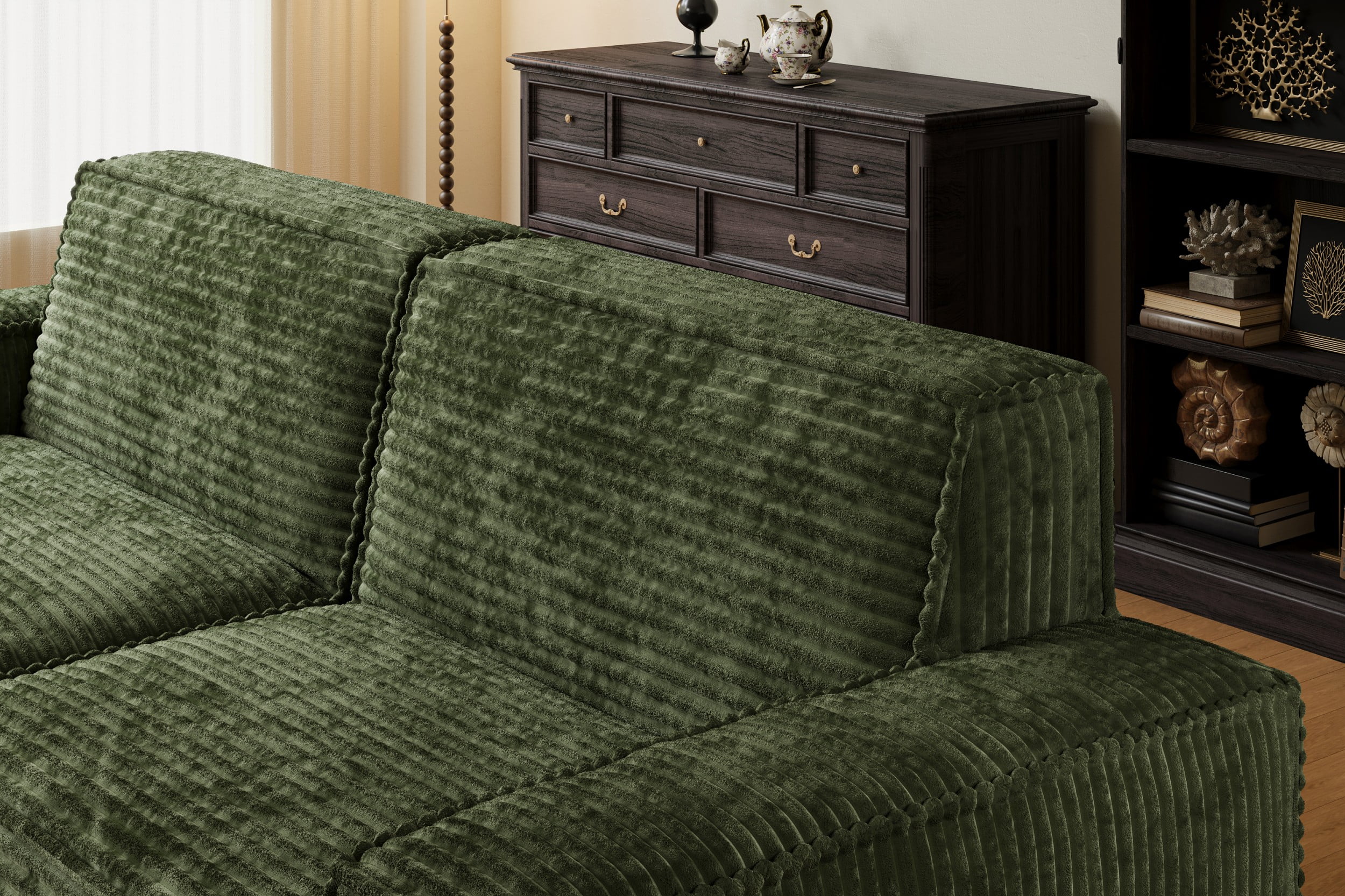 BSHTI No-Assembly Plush Compression Sofa Set, Ultra-Wide with Deeper Seat & Raised Back, Multi-Functional Large Striped Fabric Sofa for Living Room & Apartments, Green