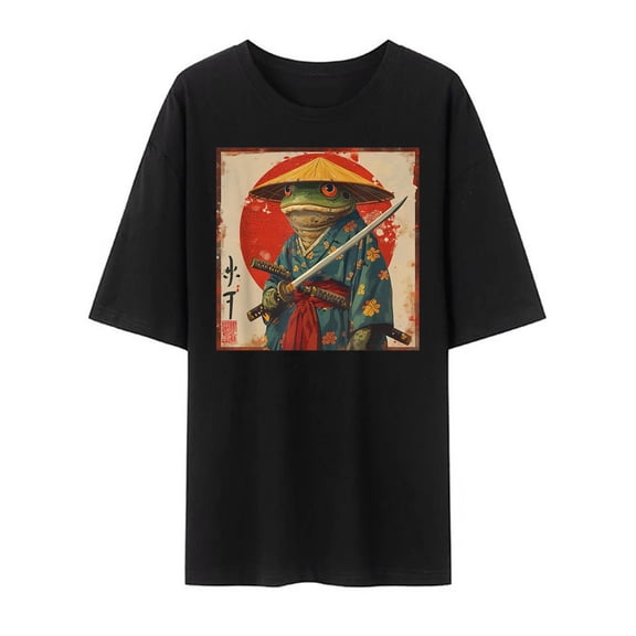 Bibifish Mens T-Shirt Graphic Samurai Print Crew Neck Short Sleeve Oversized Loose Fit Tee Japanese Style Casual Streetwear Top