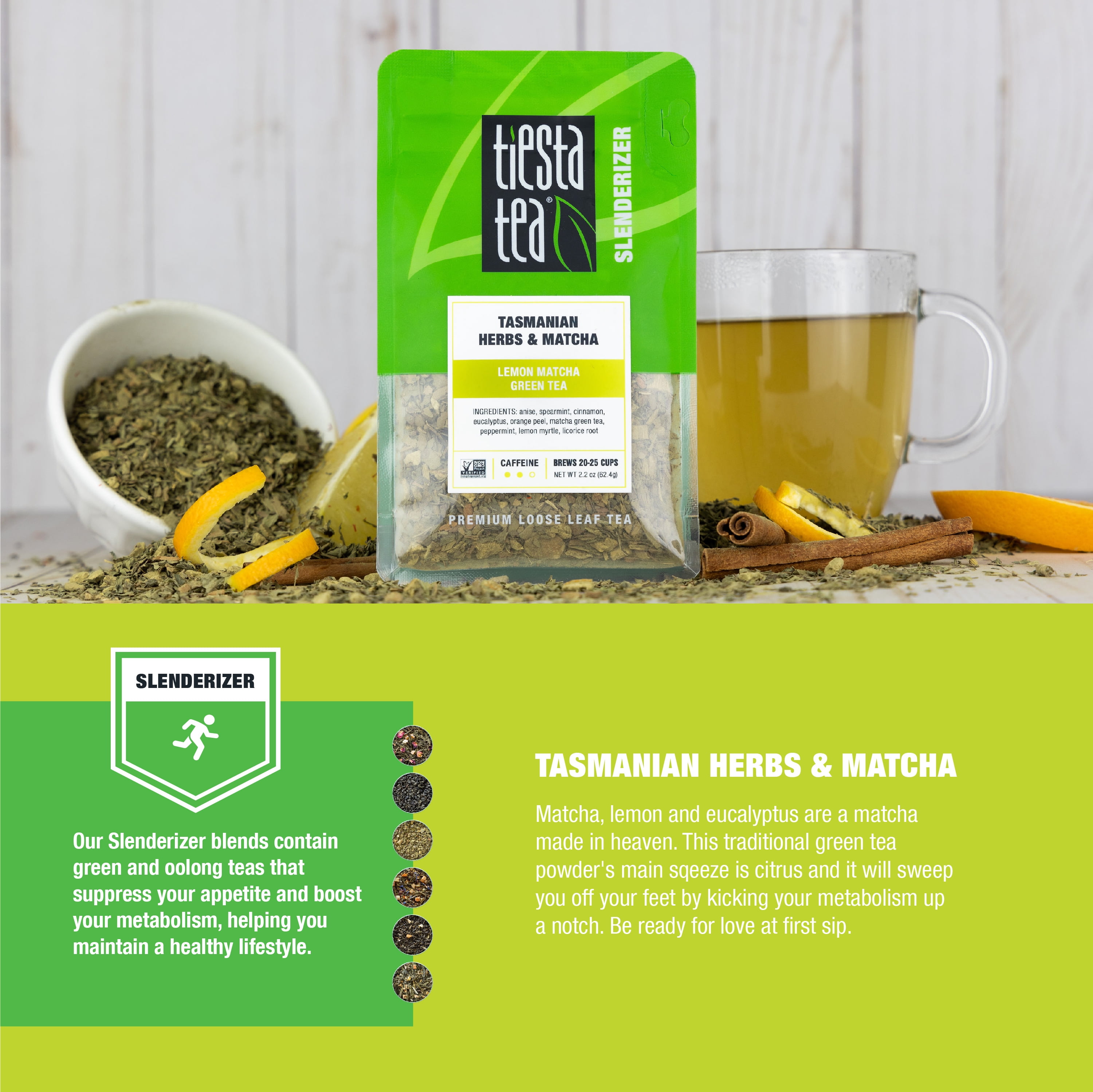 Tiesta Tea - Tasmanian Herbs & Matcha, Slenderizer Loose Leaf Matcha Tea, High Caffeine, GMO-Free, Make Hot or Iced Tea & Brews Up to 200 Cups - 16oz Resealable Bulk Pouch