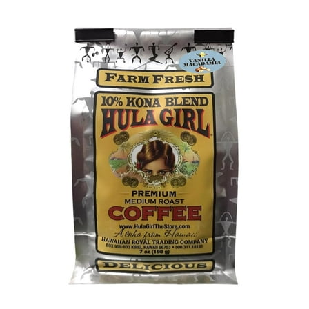 Hula Girl 10% Kona Coffee Blend Vanilla Macadamia Nut 7oz