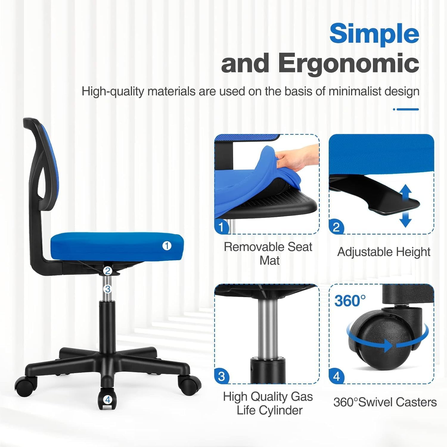 Basics Rolling Desk Chair, Adjustable, Low Back, Padded Seat, Breathable Mesh, Swivel, Blue