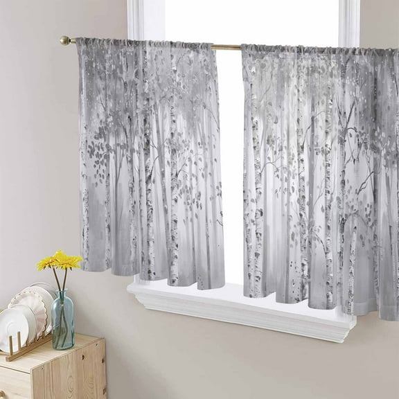Gray Grey Forest Sheer Curtains 54 Inches Length 2 Panels Set, Window Sheer Curtains for Living Room/Bedroom, Grey Modern Art Oil Painting Light Filtering Rod Pocket Curtain 52'' x 54'' x 2