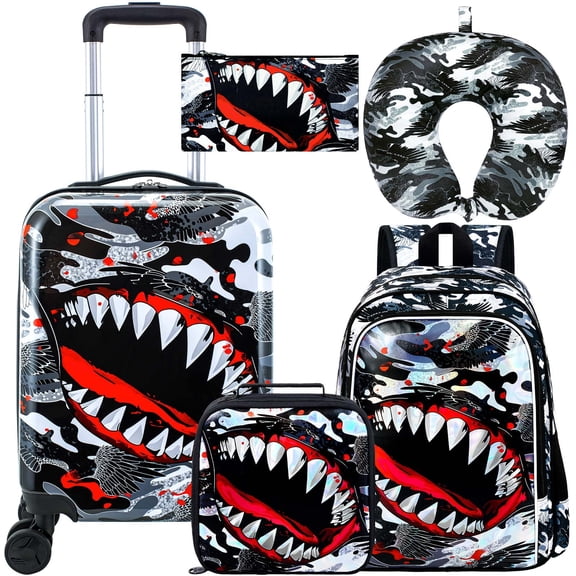 5Pcs Kids Suitcase Set for Boys, 16" Hardside Luggage with Spinner Wheels, Shark Travel Carry on Luggage Airline Approved (Black)