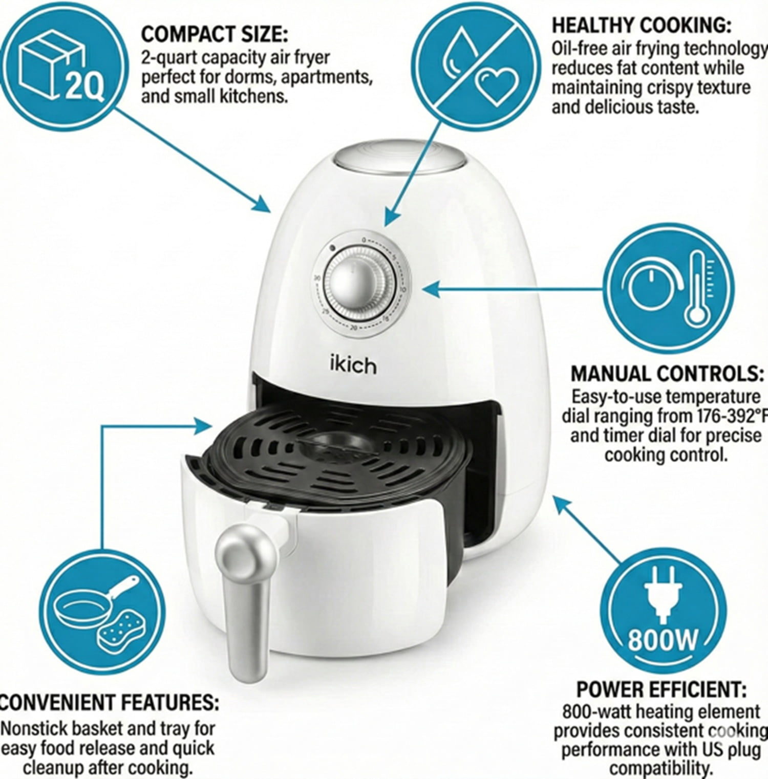 Ikich 2 Quart Air Fryer, White - Non-Stick, Oil-Free Healthy Cooking