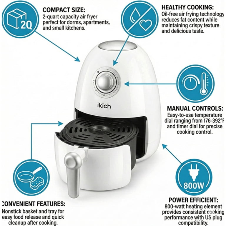 Ikich 2 Quart Air Fryer, White - Non-Stick, Oil-Free Healthy