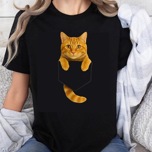 100% Cotton Cat in Pocket Graphic T-Shirt Unisex Funny Animal Print Casual Top for Women Men Pet Lover Gift Shirt