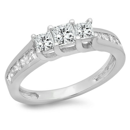1.00 Carat (ctw) 10K White Gold Princess Cut Diamond Ladies Bridal 3 Stone Engagement Ring 1 CT