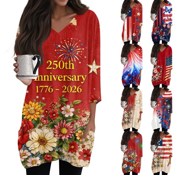 JoveMarine Women's V-Neck 3/4 Sleeve Tunic Top with Pockets Independence Day Printed Mid-Length Blouse Casual Summer Shirt for Patriotic Holiday Daily Wear Beige L