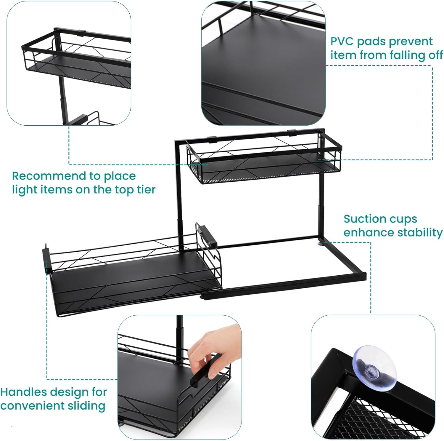 Pull Out Under Sink Organizer, 2 Tier Storage with Suction Cups, PVC Mat, Sliding Drawer, Metal Cleaning Supplies Shelf Cabinet Organizer for Kitchen, Laundry, Pantry, Bathroom
