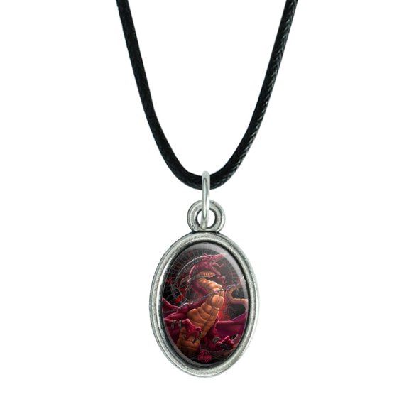 Fantasy Dragon Chained Unleashed Antiqued Oval Charm Pendant with Black Satin Cord