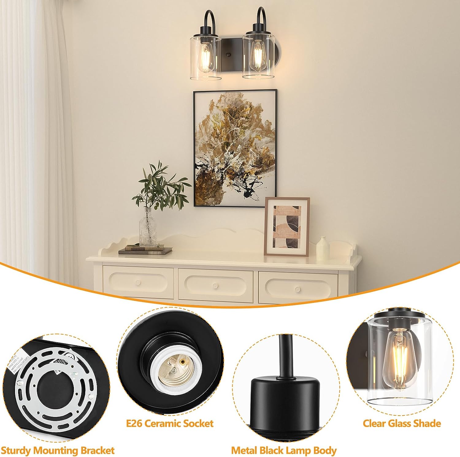 2 light Vanity Bathroom Light Fixture over Mirror with Clear Glass Shade Vintage Wall Sconce