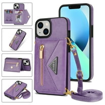 Crossbody Wallet Women Case for iPhone 13,Credit Card Pocket Zipper Pouch with Shoulder Strap, PU Leather Kickstand Back Flip Envelope Design For iPhone 13, Purple