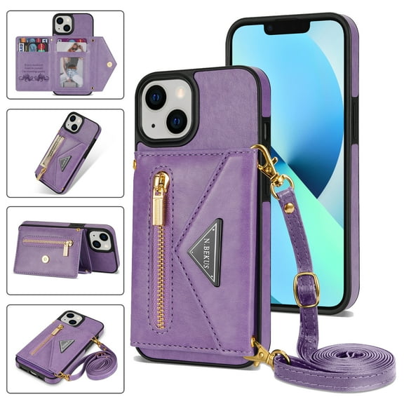 Crossbody Wallet Women Case for iPhone 13,Credit Card Pocket Zipper Pouch with Shoulder Strap, PU Leather Kickstand Back Flip Envelope Design For iPhone 13, Purple