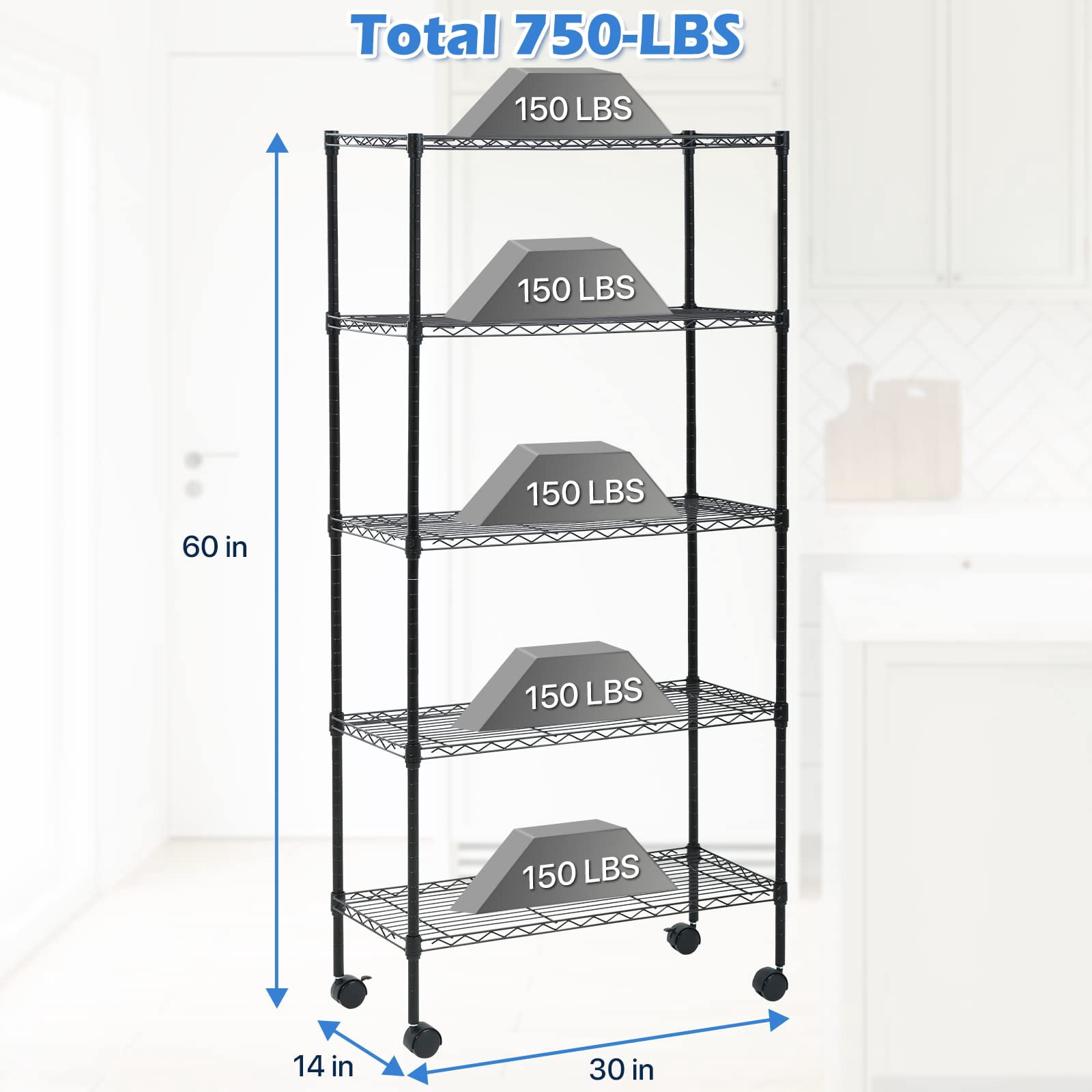NiamVelo Storage Shelves 5-Tier Wire Shelving Unit with Wheels ,  Adjustable  Metal Shelves Heavy Duty NSF Garage Shelves  750 lbs Capacity (Black)